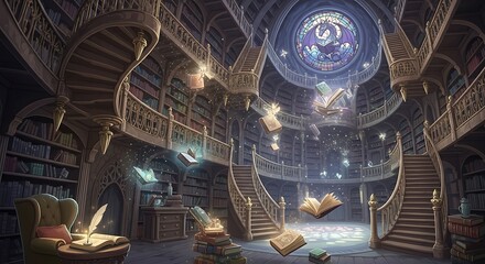 Fototapeta premium A magical library interior with spiral staircases, soaring bookshelves, and floating books under a celestial dome.