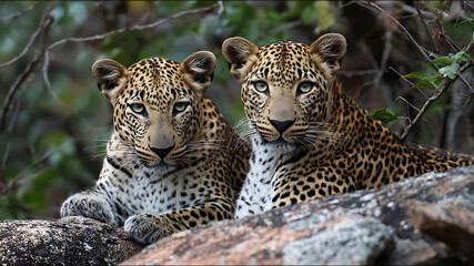 Fototapeta premium A Pair of Young Leopards with Piercing Eyes Stare Intently from a Rocky Ledge