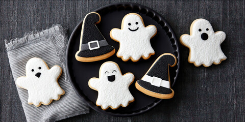 Fototapeta premium Halloween ghost cookies and witch hat cookies decorated with white and black icing on black plate and gray fabric, festive spooky treats with joyful expressions