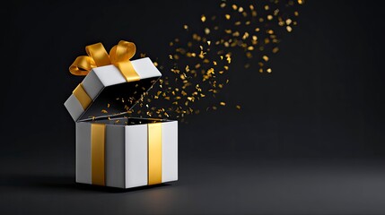 Open white gift box with gold ribbons and confetti on a dark background