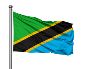  Tanzania Flag on Metallic Flagpole Blowing in the Wind, Transparent Background PNG