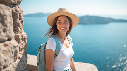 Young woman with backpack smiles brightly against stunning coastal backdrop, showcasing her adventurous spirit and love for travel