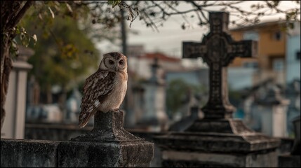 Owl perched on stone in cemetery with cross  monuments blurred in background