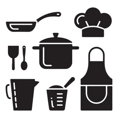 Collection of black silhouette kitchen utensils and chef s hat for cooking and baking