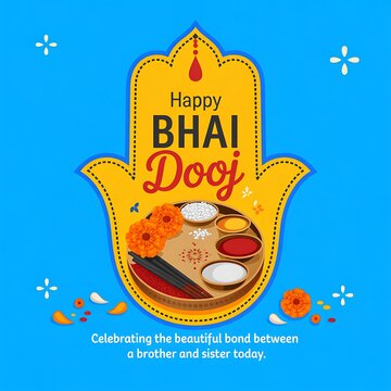 Happy bhai dooj celebration with decorated plate containing diya, kumkum, and flowers