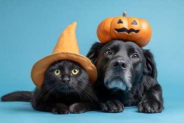 Fototapeta premium Black cat and dog in Halloween hats posing against a blue background for festive fun