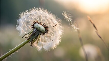 Dandelion Seed Head in Golden Light: Delicate Beauty of Nature, Close-Up of a Wildflower with Seeds Dispersing.