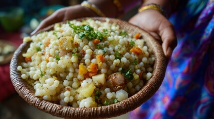 Person holds a bowl of tapioca pearl salad with potatoes carrots and herbs