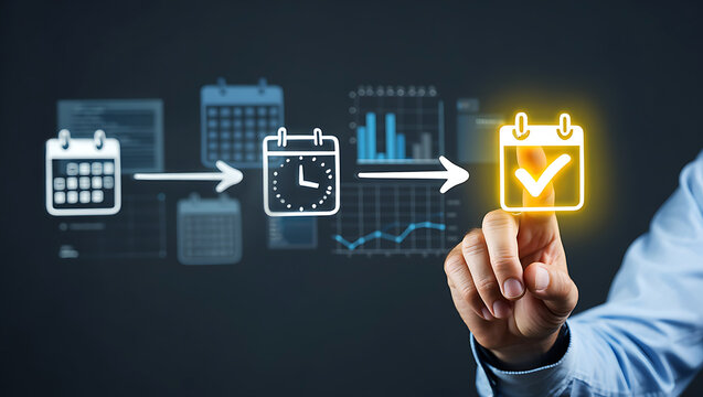 Calendar timeline process with checkmark clock workflow