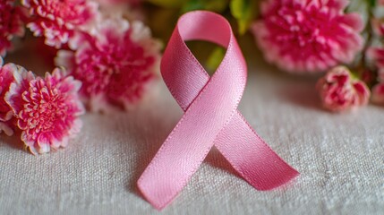 Pink ribbon rests against carnations on a white surface potentially symbolizing breast cancer awareness