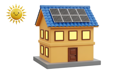 Cartoon house with solar panels isolated on transparent background