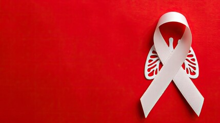 Pink ribbon over white lung shape on red background