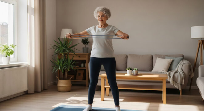 An active senior woman does a strength training workout at home, stretching a resistance band in her living room.