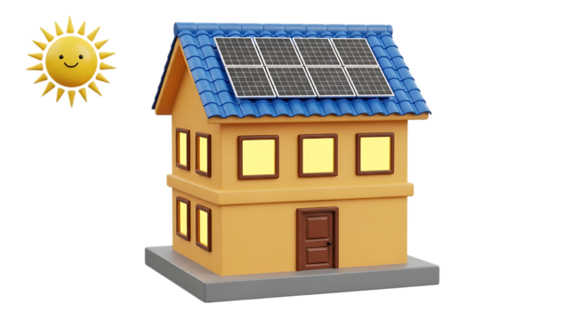 Cartoon house with solar panels isolated on transparent background