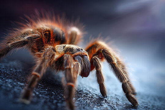 Detailed close-up macro photo of a furry brown tarantula spider on a textured surface with a blurred natural background