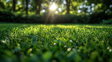 Naklejka premium Morning sunlight shining on lush green grass outdoor nature scene vibrant environment ground level view