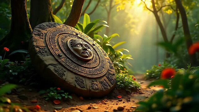  The ancient Aztec Sun Stone lying partially buried in a lush jungle clearing, with shafts of golden sunlight breaking through the canopy and touching its intricate carvings.