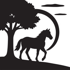 Horse under a tree on full moon silhouette vector illustration