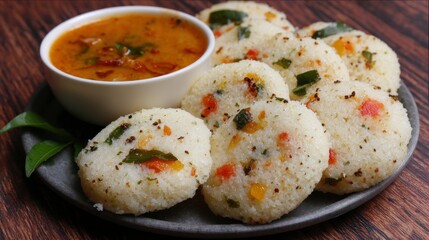 Plate of steamed idli cakes with sambar sauce in a bowl on a wood table