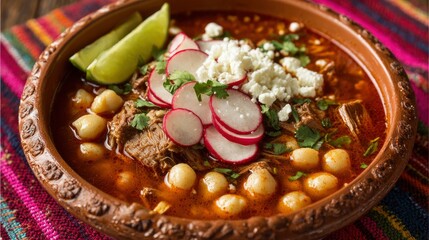 Pozole in brown bowl topped with lime radish cheese cilantro on colorful fabric