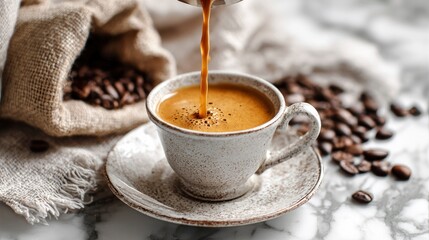 Pouring coffee into a speckled cup on a matching saucer beside a burlap sack of beans