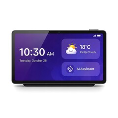 Smart tablet displaying time, weather, and AI assistant interface.