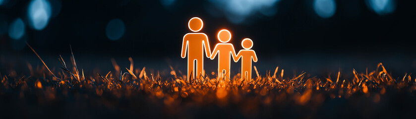 Luminous family figures on glowing grass warmth protection security child people human