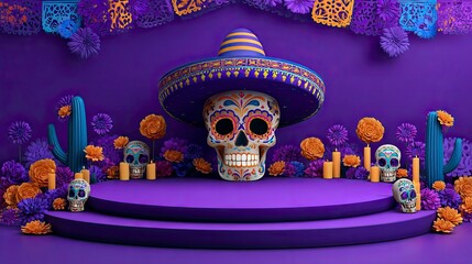 Purple Day of the Dead stage display with flowers skulls cacti candles and colorful paper decorations