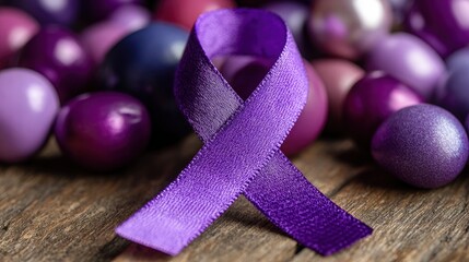 Purple ribbon atop a wood surface surrounded by an assortment of small colorful rounded objects