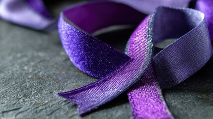Purple ribbon loops across a textured grey surface catching light in its folds