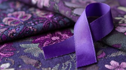 Purple ribbon on floral fabric with purplegray hues