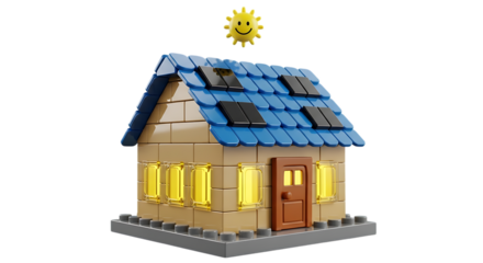 Toy house with solar panels on the roof isolated on transparent background