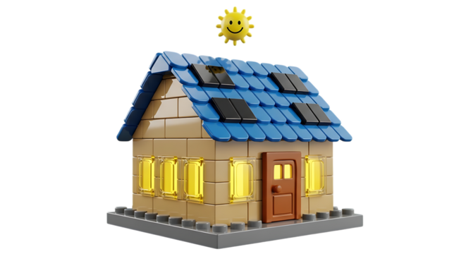 Toy house with solar panels on the roof isolated on transparent background