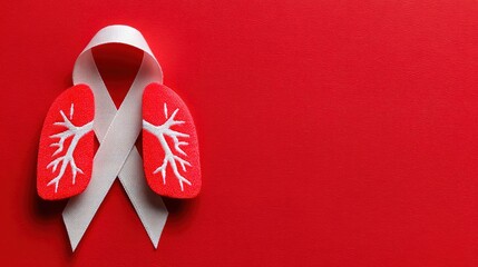 Red lung cutouts with white vein details overlapped with a white ribbon on a red background