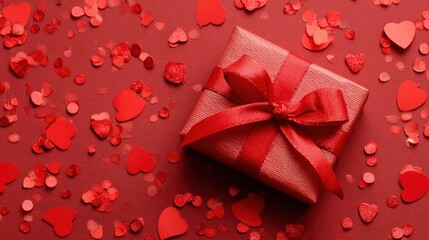 Red gift box centered topped with a ribbon surrounded by heart shapes on a matching red background