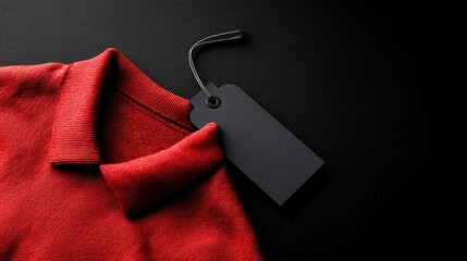 Red polo shirt collar with a black tag on a textured black surface lit from upper left