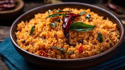 Rice dish in brown bowl garnished with red pepper  green leaves on wooden table with blue cloth