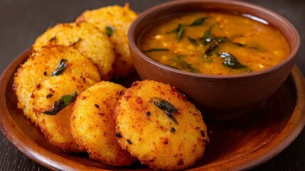 Savory snack of goldenfried idli seasoned with dark flecks and herbs served with a bowl of orangecolored stew