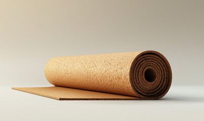 A rolled-up decorative carpet with a textured pattern, positioned on a smooth surface, showcasing its vibrant colors and design.