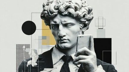 Sculpture of David in a suit takes a selfie with geometric shapes in the background