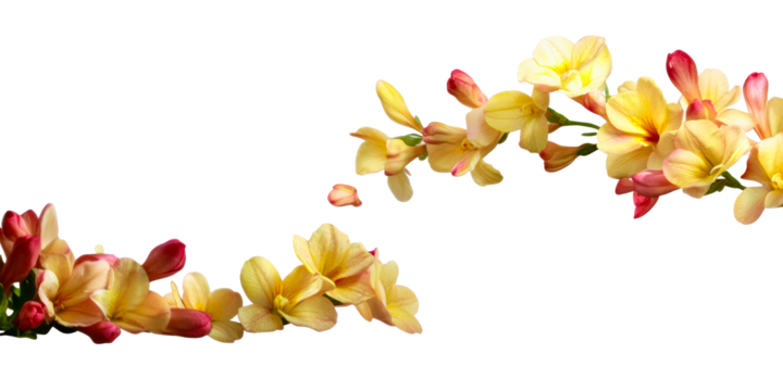 Delicate yellow freesia blooms with pink buds framing the border