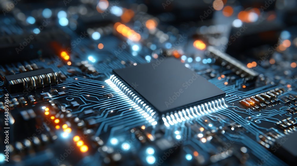 Poster exploring the intricate design of a computer circuit board with vibrant led lights