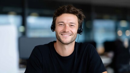 A smiling young man wearing headphones sits at a desk. He exudes confidence and friendliness. This image captures engagement in a modern workspace. Perfect for relatable business environments. AI