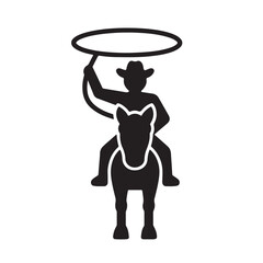 Silhouette of a cowboy on horseback, skillfully twirling a lasso in action