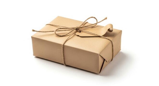 A simple brown paper wrapped gift tied with twine and a gift tag