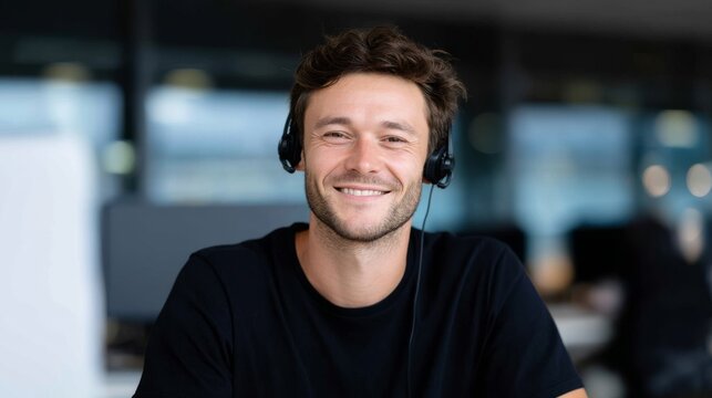 A smiling young man wearing headphones sits at a desk. He exudes confidence and friendliness. This image captures engagement in a modern workspace. Perfect for relatable business environments. AI