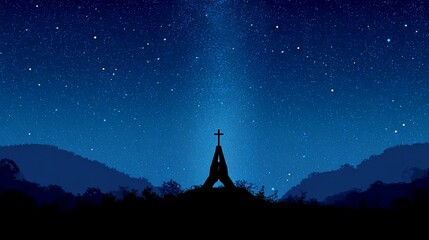 Fototapeta premium Cross silhouette illuminated by starlight in night sky landscape