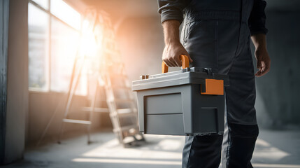 Close-up of a worker in dark coveralls holding a gray toolbox with orange handle, indoor setting with bright sunlight streaming through window, ladder in the background, cinematic industrial atmospher