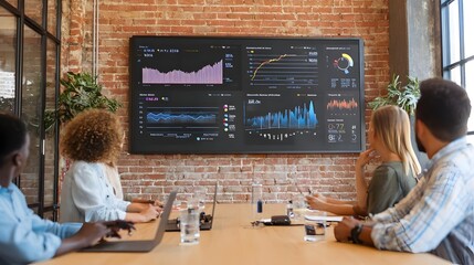 Team reviewing marketing performance data on large screen in office meeting.
Concept: Marketing analytics, strategy, tracking, teamwork, KPIs, business growth.