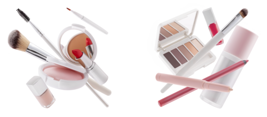 Makeup set Products floating isolated on White Background
